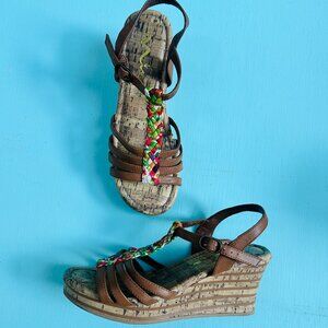 Mina Platform Sandals Brown with Colorful Braiding Boho Hippie Size 4